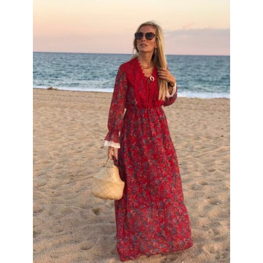 Vestido Largo Flores con Encaje (Ref. 1016)