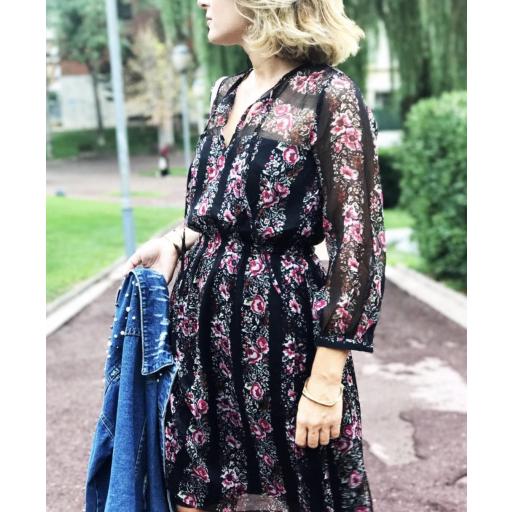 Vestido Gasa Flores Negro (Ref. 1019)