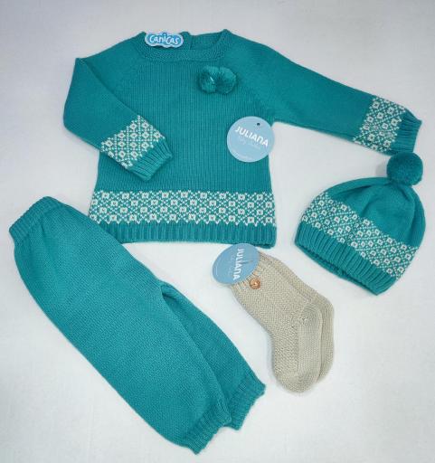 Conjunto pantalón largo punto jersey cenefa y gorro