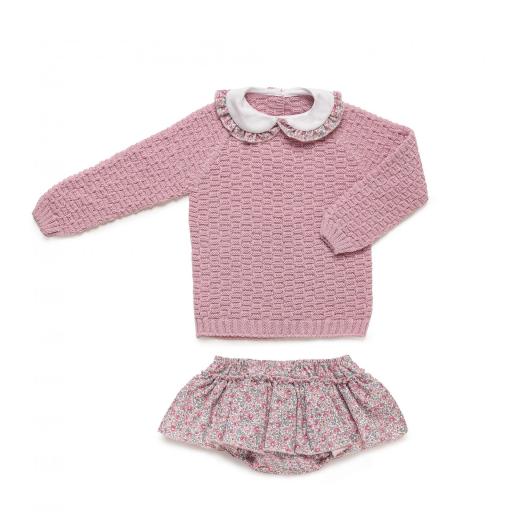 Conjunto falda braga florecitas y jersey punto cuadritos