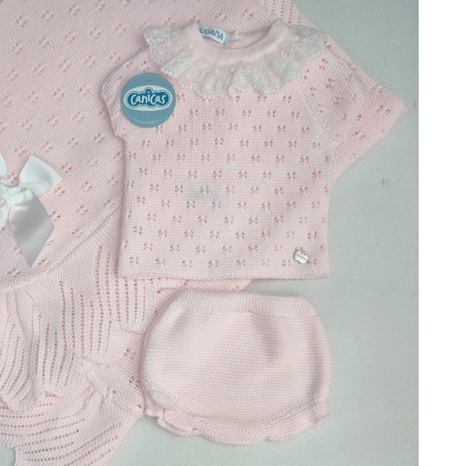 Conjunto bolero calado con encaje y ranitas hilo