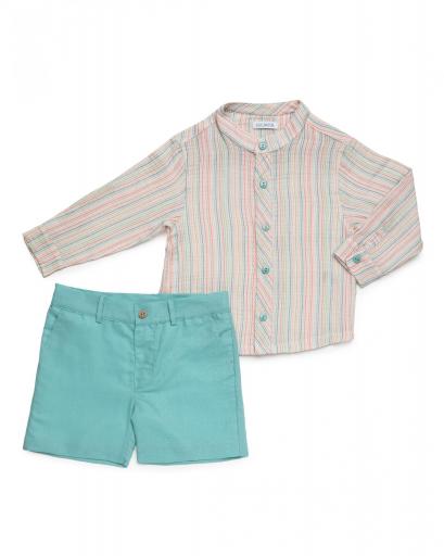 Conjunto camisa rayas cuello mao y bermuda lino [1]