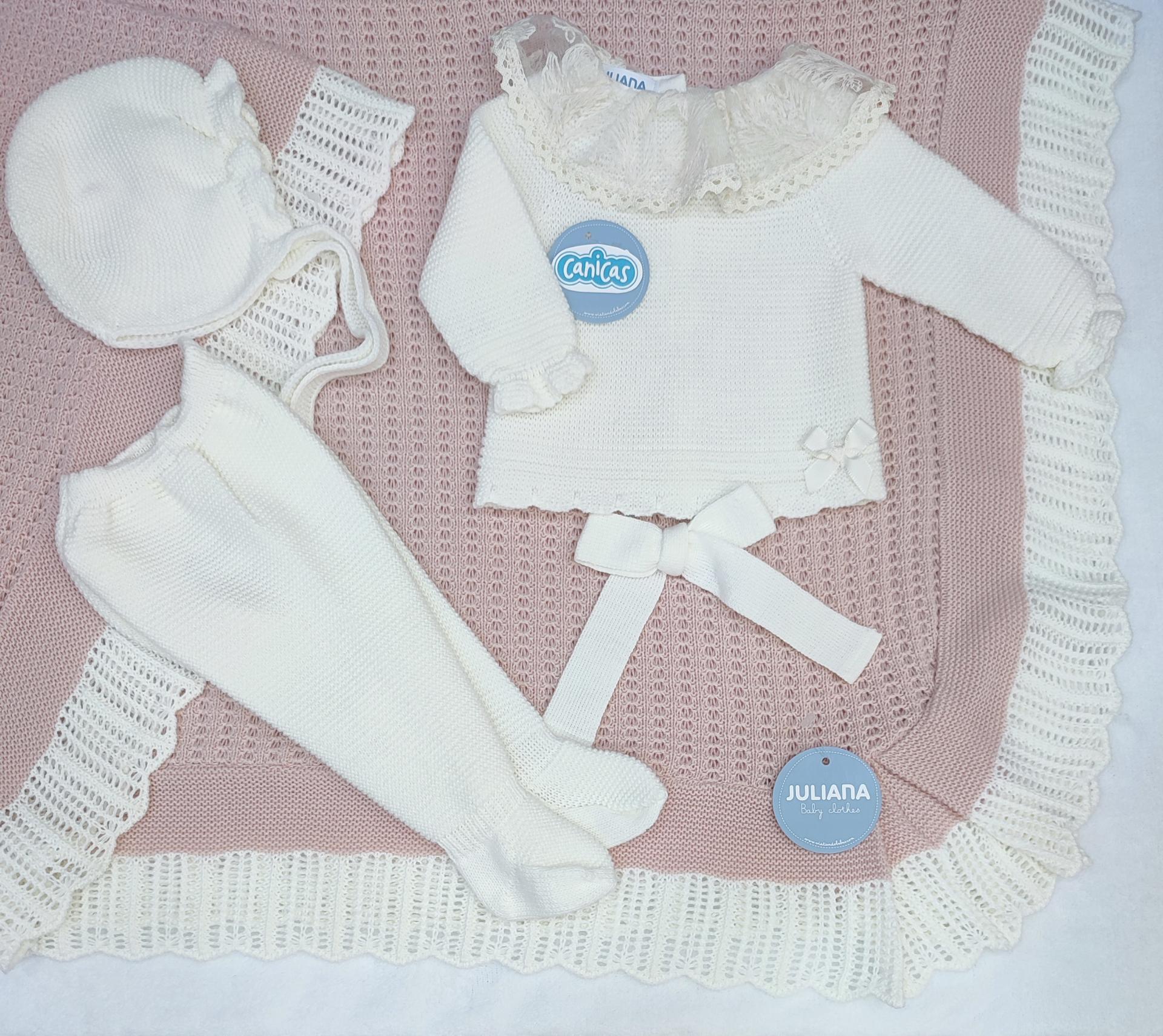Conjunto polainas 3p punto liso cuello encaje invierno