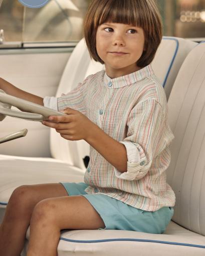 Conjunto camisa rayas cuello mao y bermuda lino [0]