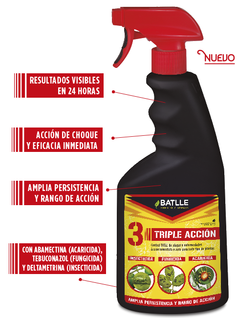 Insecticida, Acaricida, Fungiida Pistola TRIPLE ACCIÓN listo uso. Batlle. 750 ml