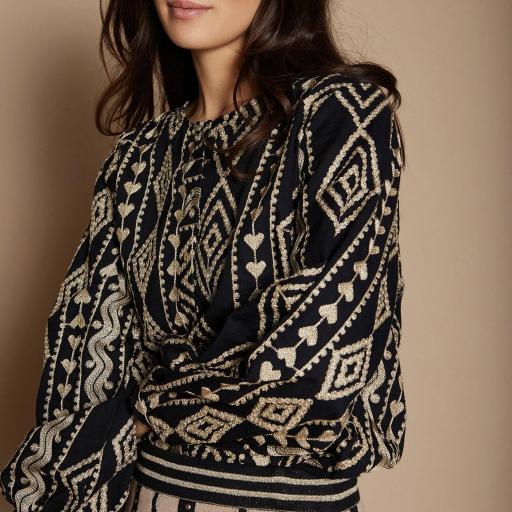 Blusa de algodón con manga abullonada y tejido bordado MEISÏE 