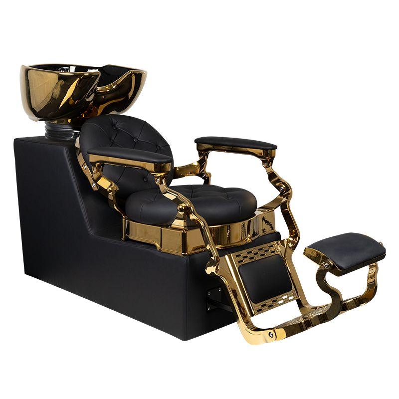 Lavacabezas de peluqueria Zeus Gold con estructura la cromada lacada en  dorado con asiento de sillon de barberia , reposapies reversible y pica de  cerámica basculante dorada por 1795 euros