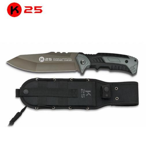 Cuchillo Tactico K25 Gris/Negro con Funda de Nylon