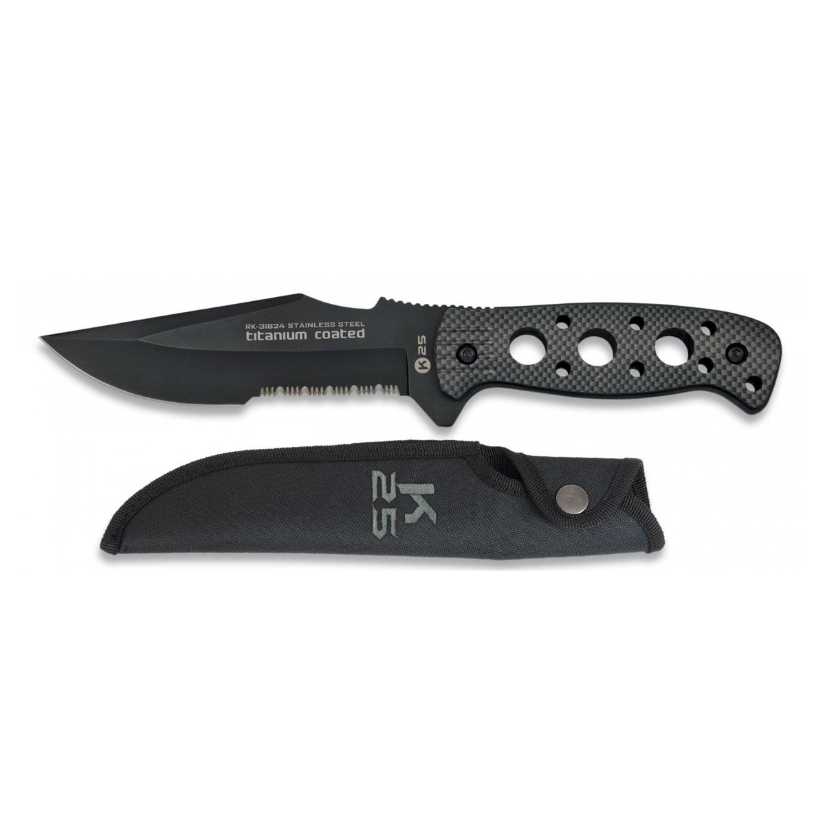 Cuchillo Táctico K25 Titanium Coated con Sierra y Mango Gris