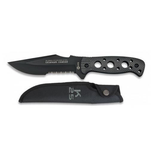 Cuchillo Táctico K25 Titanium Coated con Sierra y Mango Gris