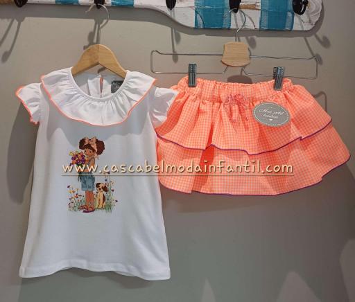 Mon Petit Bonbon- Conjunto niña- camiseta flores y Falda pantalon vichy fluor- 170+174