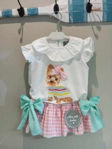 Mon Petit Bonbon - Conjunto camiseta yorkshire y braguita vichy rosa 303 y 304 