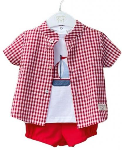 Valentina Bebés - Conjunto 3 piezas Boat Red camisa vichy LOVE128