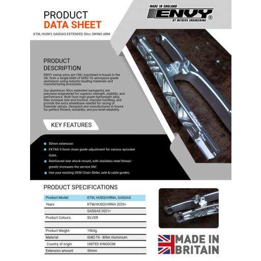 Basculante KTM sx 50 ENVY 5 cm más largo color aluminio
