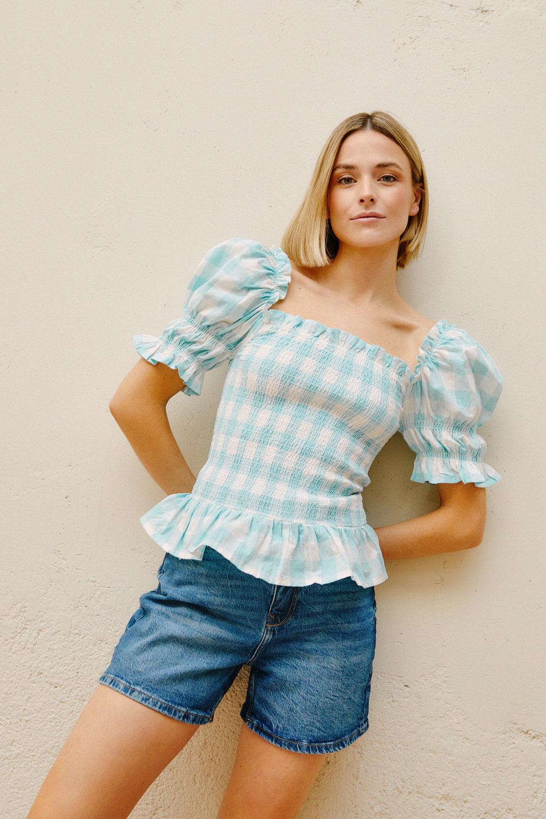 Blusa Castaño de Indias "Ibiza Vichy Turquesa"