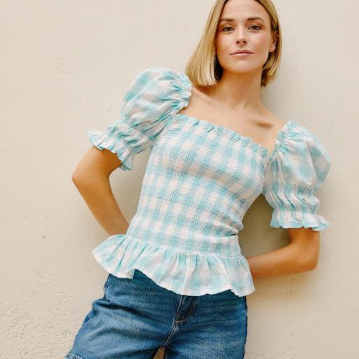 Blusa Castaño de Indias "Ibiza Vichy Turquesa"