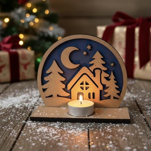 Portavelas Navideño Madera Modelo Casita