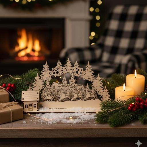 Escena Navideña Papá Noel Con Renos Madera De Chopo Hausa
