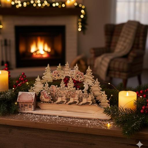 Escena Navideña Papá Noel Con Renos Madera De Chopo Hausa [1]