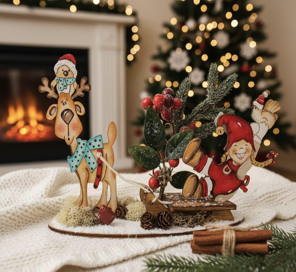 Reno Y Niña Con Trineo Madera De Chopo Hausa