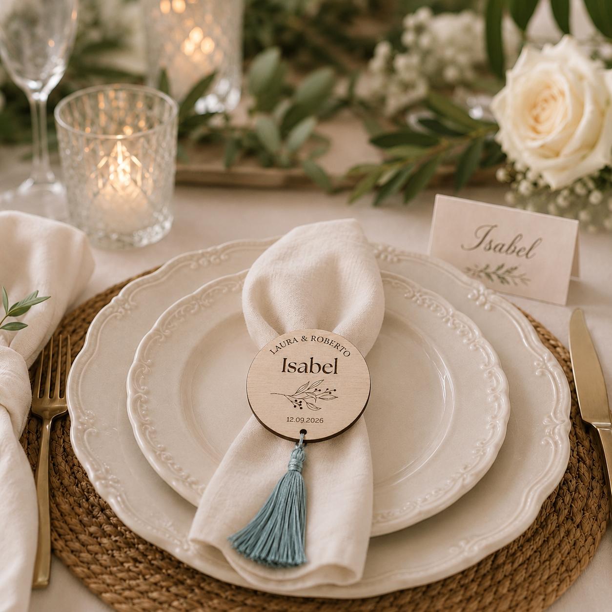 Marcasitios de Madera Personalizado para Bodas con Borla