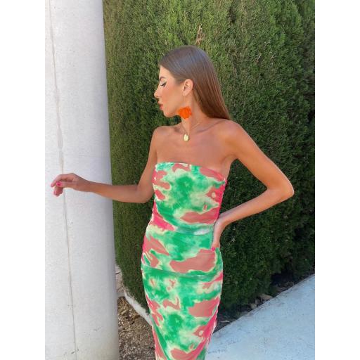 Vestido Tubo Tul Verde/Naranja