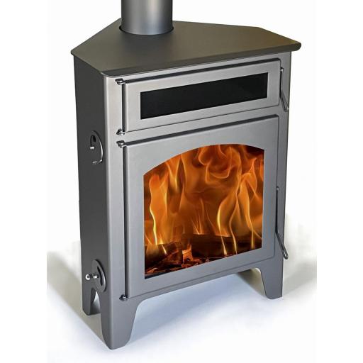 Estufa de leña de rincón Juan Panadero R2 Horno Max 11 kw / Alto rendimiento 85 % / Horno superior / Triple combustión / Cristal limpio [1]