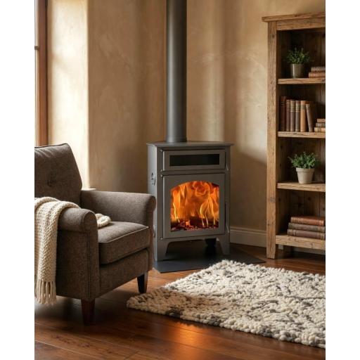 Estufa de leña de rincón Juan Panadero R2 Horno Max 11 kw / Alto rendimiento 85 % / Horno superior / Triple combustión / Cristal limpio