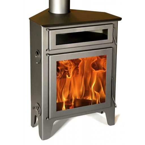 Estufa de leña de rincón Juan Panadero R5 Horno Max - 11 kw / Alto rendimiento 85% / Horno superior / Triple combustión / 320 m3 [1]