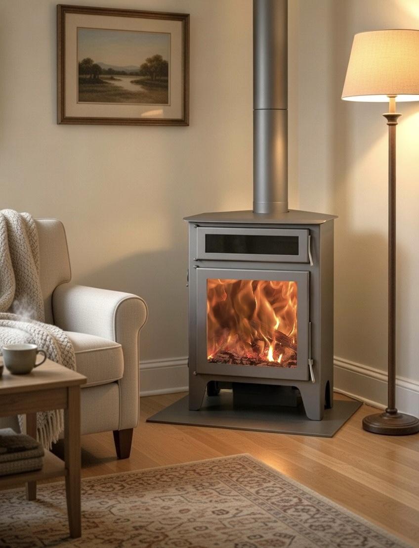 Estufa de leña de rincón Juan Panadero R5 Horno Max - 11 kw / Alto rendimiento 85% / Horno superior / Triple combustión / 320 m3