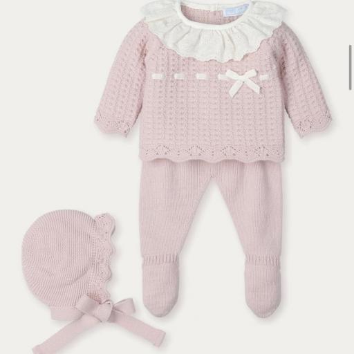 Conjunto Lana Bebé 3 Piezas Mac Ilusión – Rosa Vintage con Cuello Volante Beige