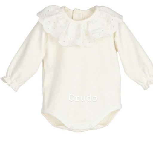 Body algodón natural cuello puntilla perforada 