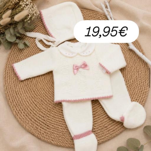 Conjunto lana 3 piezas crudo rosa 