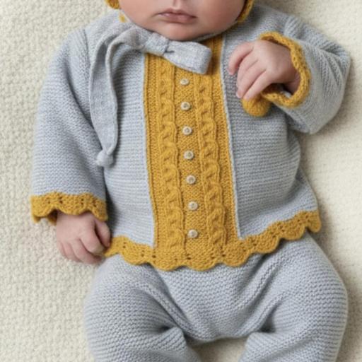 Conjunto lana 3 piezas gris con mostaza 