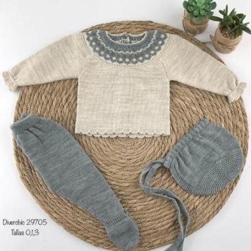 Conjunto de lana para bebe - 3 piezas  verde jaspeado 