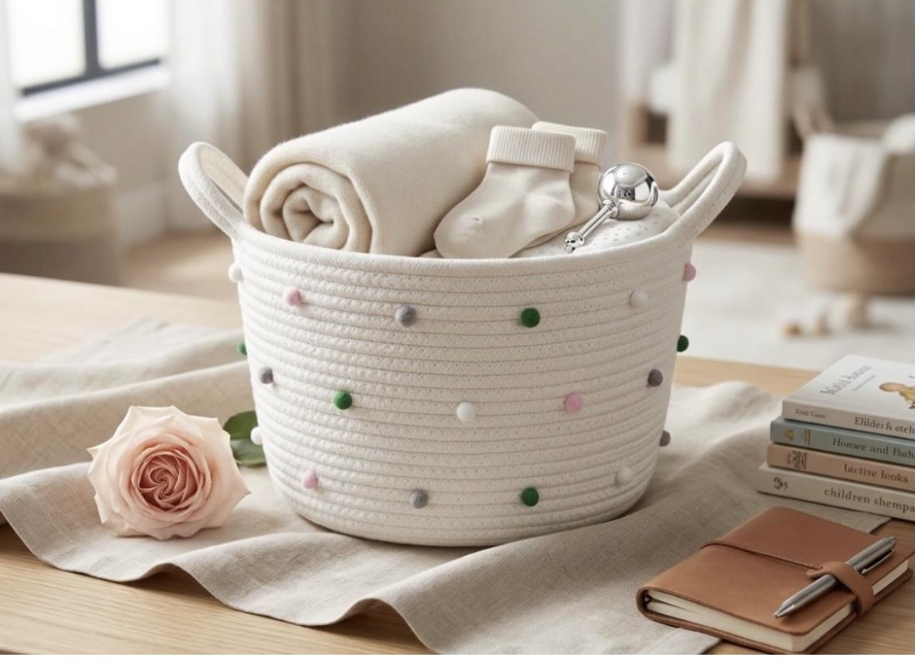 Cesta Organizadora Pompones Beige