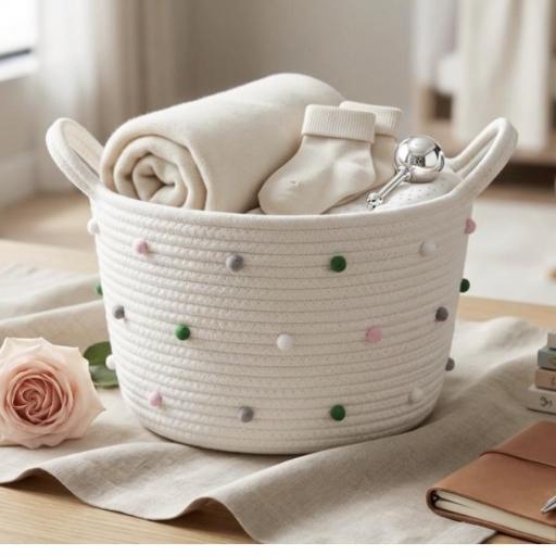 Cesta Organizadora Pompones Beige