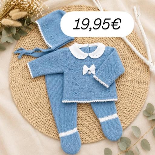 Conjunto lana 3 piezas azulado blanco 