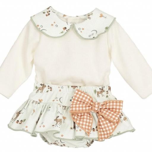 “Conjunto de Dos Piezas Calamaro Bebé Niña con Camiseta de Pelito y Falda Rayada”