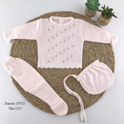 Conjunto de lana para bebé  - 3 piezas rosa pastel bodoque gris 