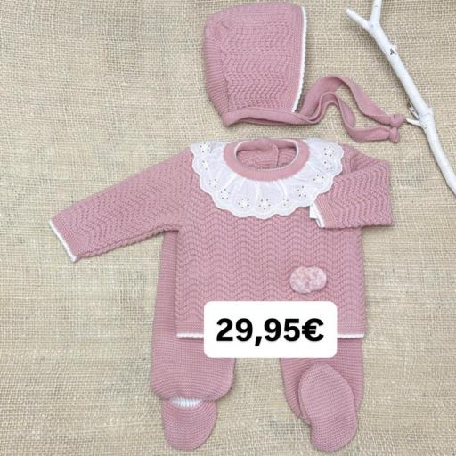 Conjunto lana 3 piezas “pompon rosa”