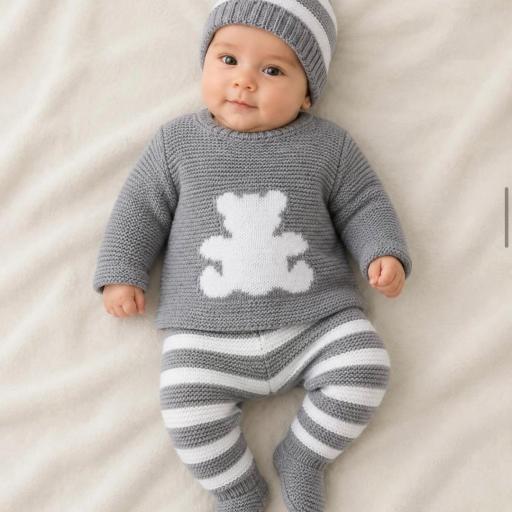 Conjunto lana 3 piezas oso gris 