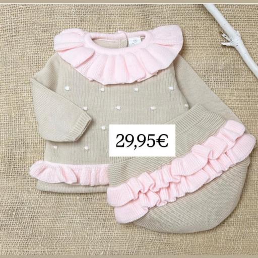 Conjunto bebé rosa con volantes lino [1]