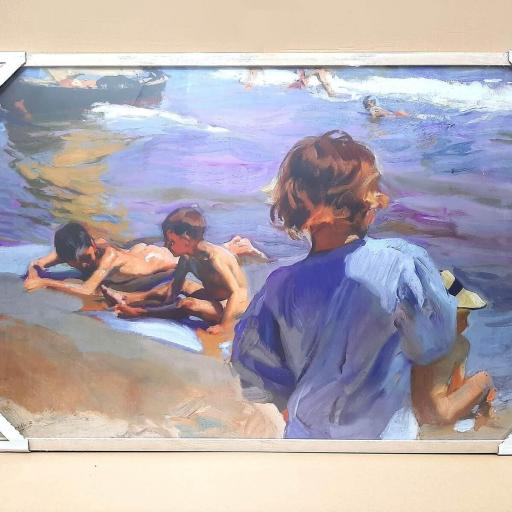 Cuadro con lámina de Sorolla Niños Playa Impresionismo, Marco color Roble. [1]