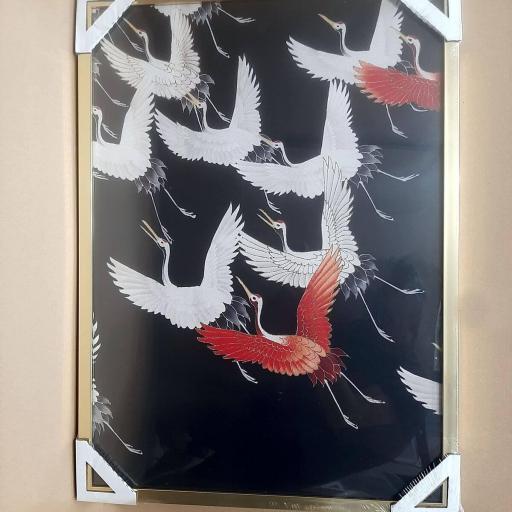 Cuadro con lámina de Arte Japonés Bandada de Aves, Marco color Dorado. [2]