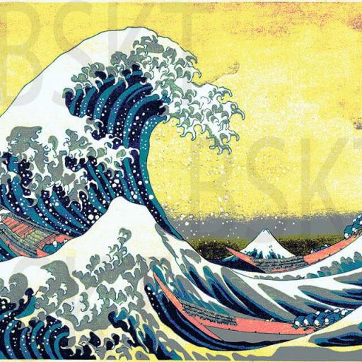 Cuadro en lienzo Ola de Kanagawa Hokusai fondo amarillo alta resolución [0]