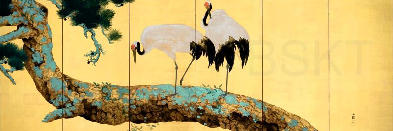 Cuadro en lienzo  alargado arte decorativo japonés fondo dorado garzas en pino