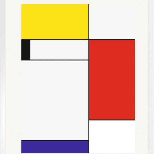 Cuadro con lámina de Arte Moderno/ Neoplasticismo Piet Mondrian, Composición Rojo Azul y Amarillo, Moma NY, Marco color Blanco.