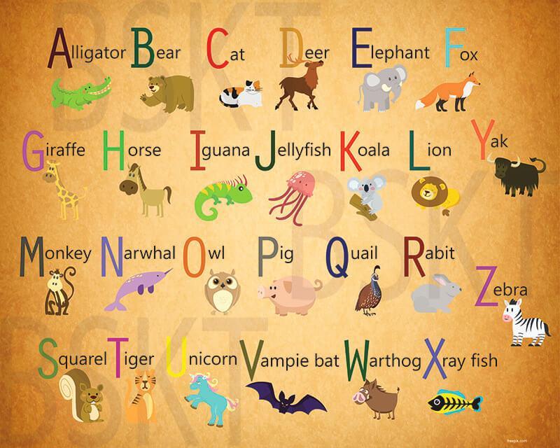 Cuadro lienzo para habitación de niños alfabeto animales abecedario