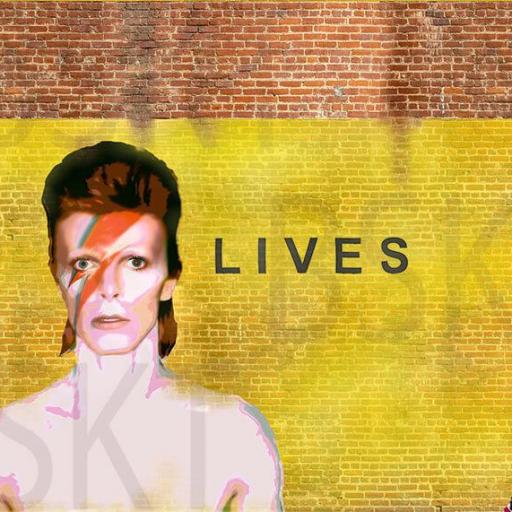 Cuadro en lienzo montado sobre bastidor David Bowie lives Aladdin Sane graffiti amarillo [0]
